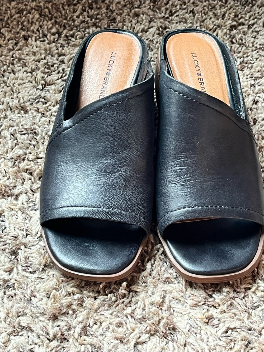Lucky Brand Shoes Womens 7.5M Jemie Black Leather Heels Mule Slide Open Toe - Picture 2 of 12